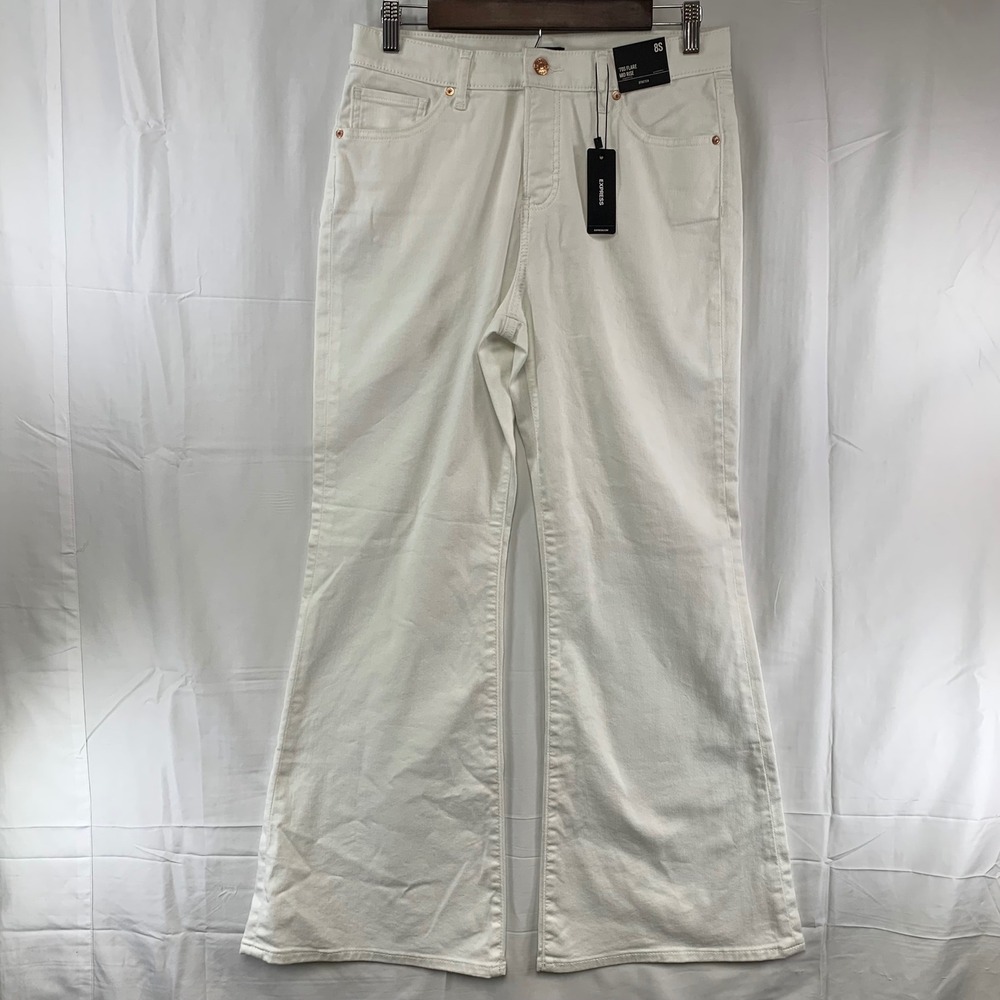 Express '70s Flare Jeans Womens 8S White Mid Rise Conscious Edit Stretch Denim